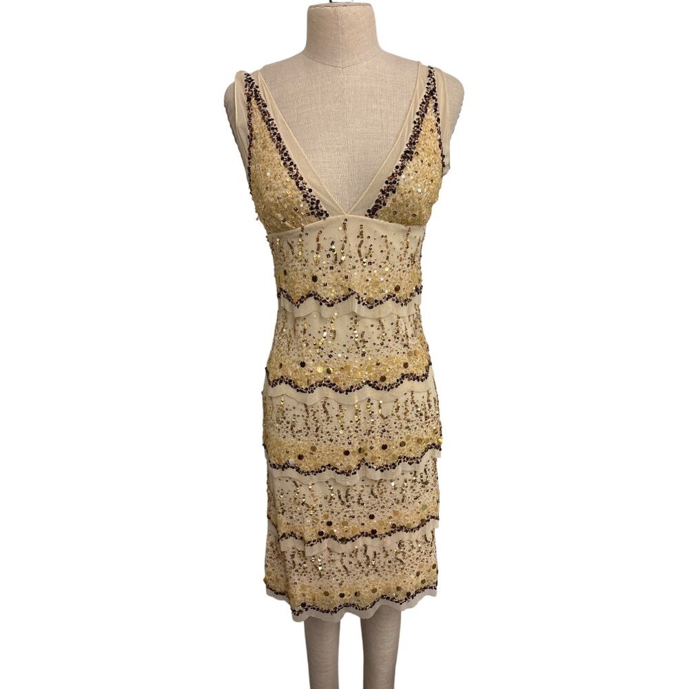 Basix II Gold Sequin & Beaded Sleeveless Cocktail Dress 4P